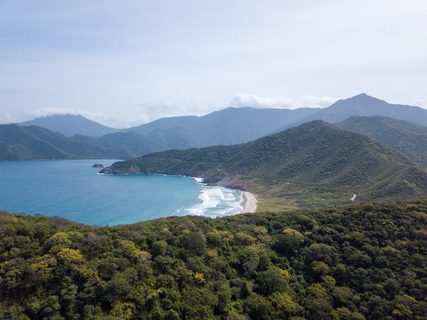 A breathtaking aerial view of Tayrona National Park's coastline with lush greenery and ocean waves